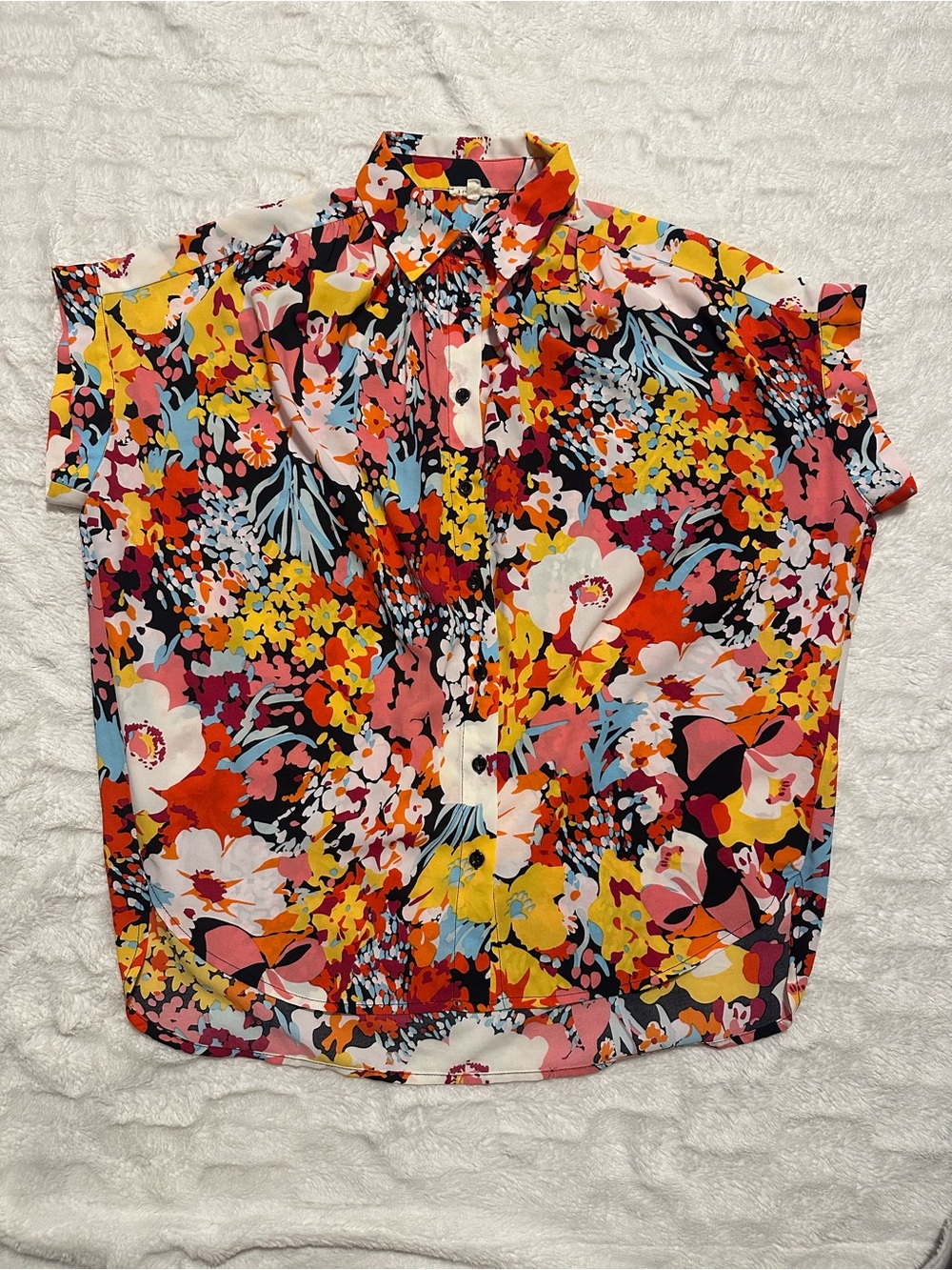 JODIFL Vibrant Floral Button-Front Cap Sleeve Blouse - Pink/Yellow/Red/Blue